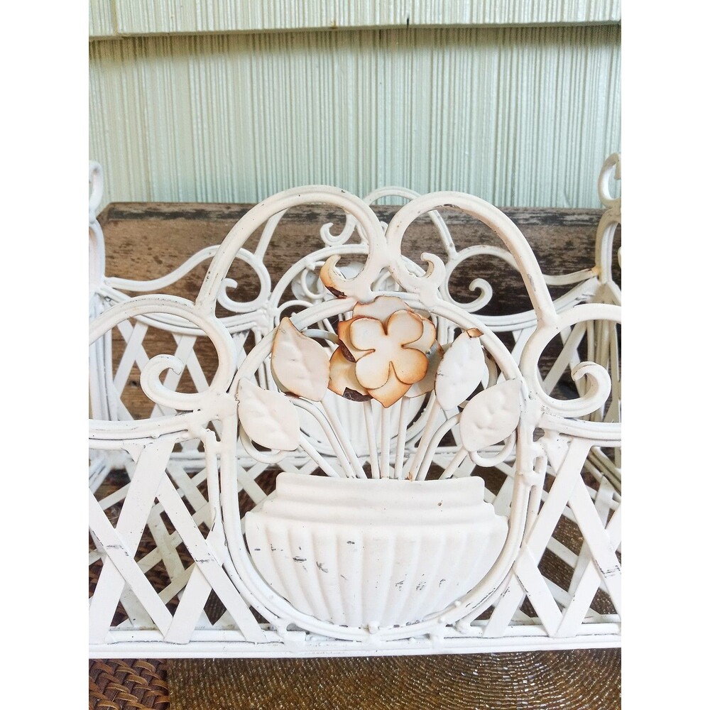 Wrought Iron Planter, Ornate Scrollwork, 1920's Antique, White 24x7, two 6" pots - Picture 9 of 15